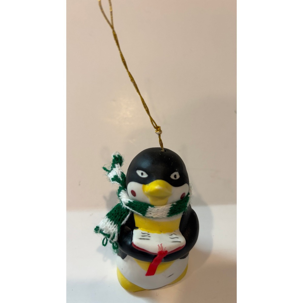 Vintage 1986 Ceramic Caroling Penguin Bell Ornament Knit Scarf BOA Taiwan 2.75"